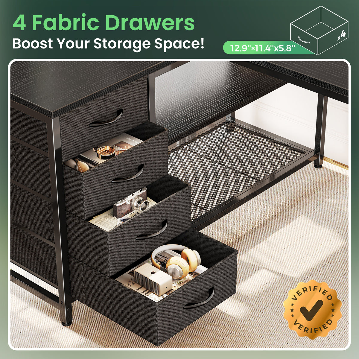 Amadwell 53 Inch L Shaped Desk with Power Outlets & Drawers, Reversible L-Shape Computer Desk, Black