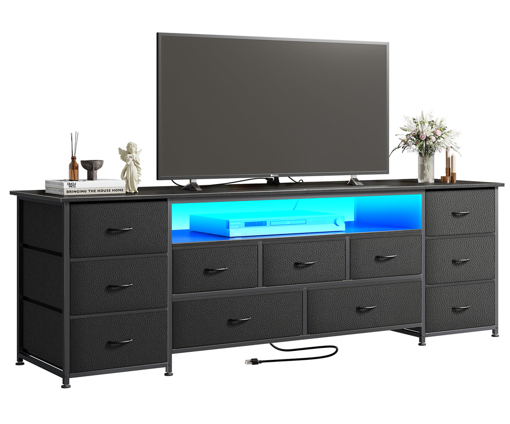 Amadwell Large TV Stand for 75, 80 Inch TVs, 11 Drawers with Power Outlets & LED Lights, 70 inch Entertainment Center