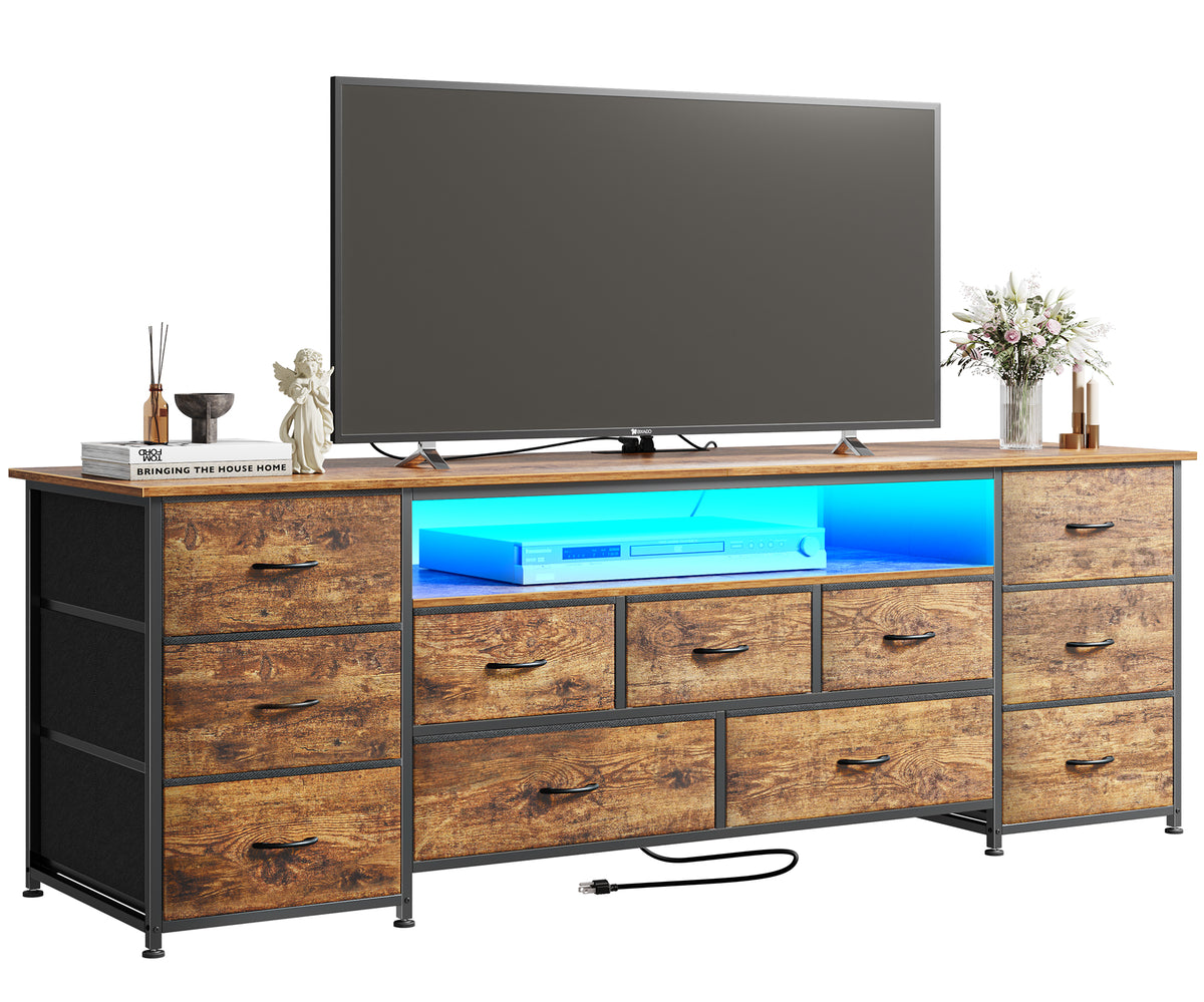 Amadwell Large TV Stand for 65, 70 Inch TVs, 11 Drawers with Power Outlets & LED Lights, 63 inch Entertainment Center, Brown