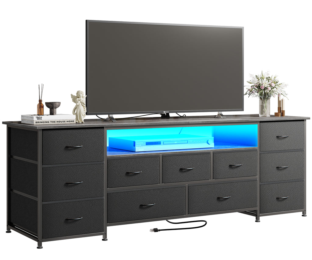 Amadwell Large TV Stand for 65, 70 Inch TVs, 11 Drawers with Power Outlets & LED Lights, 63 inch Entertainment Center, Gray