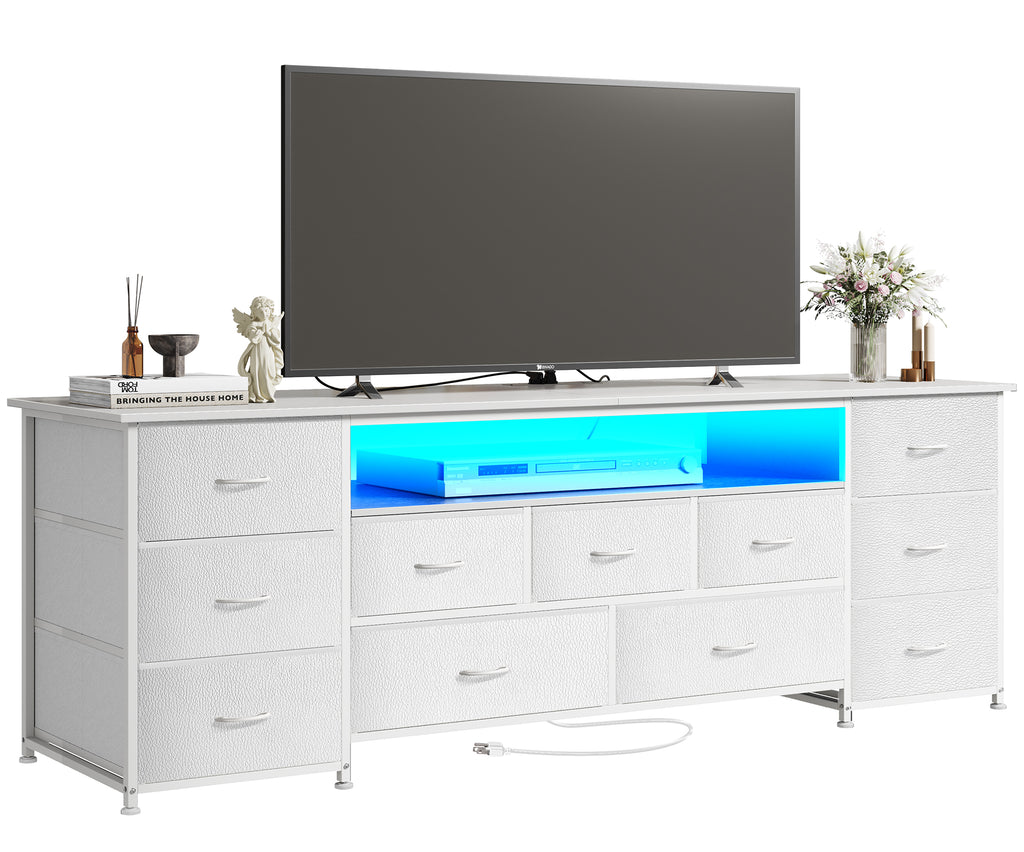Amadwell Large TV Stand for 65, 70 Inch TVs, 11 Drawers with Power Outlets & LED Lights, 63 inch Entertainment Center, White
