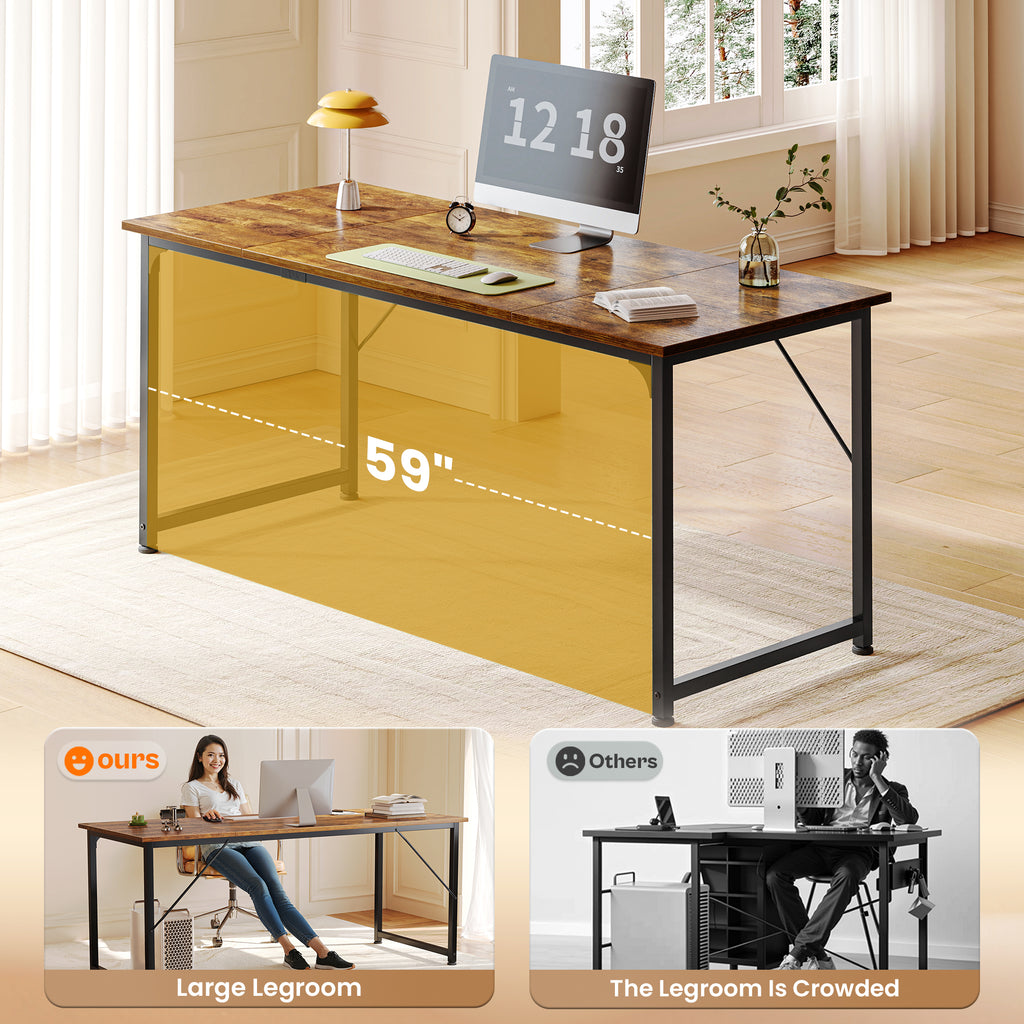 63" Computer Desk, Modern Office, Study & Gaming Desk with Storage, Large Legroom, Sturdy Metal Frame, Rustic Brown