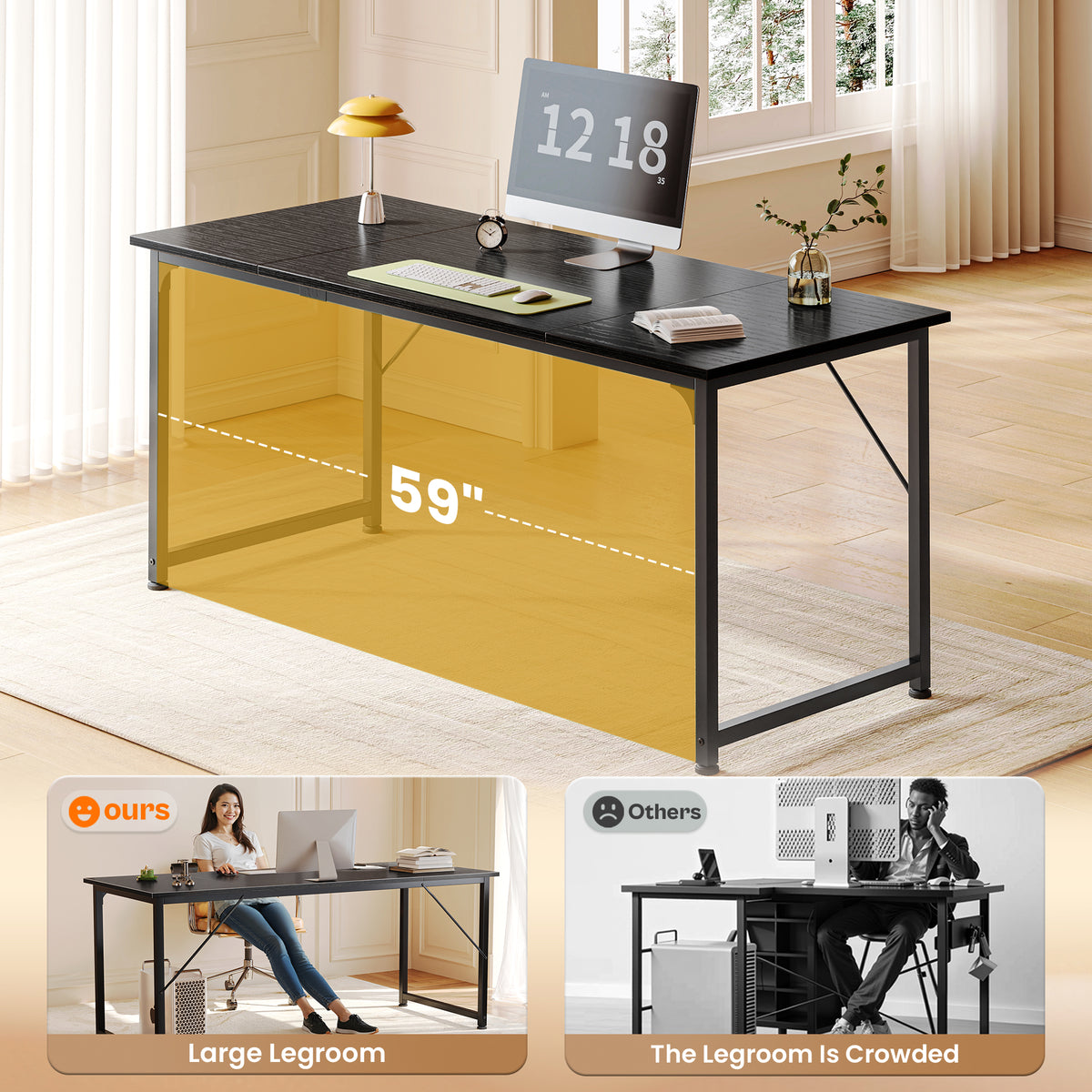63" Computer Desk, Modern Office, Study & Gaming Desk with Storage, Large Legroom, Sturdy Metal Frame, Black