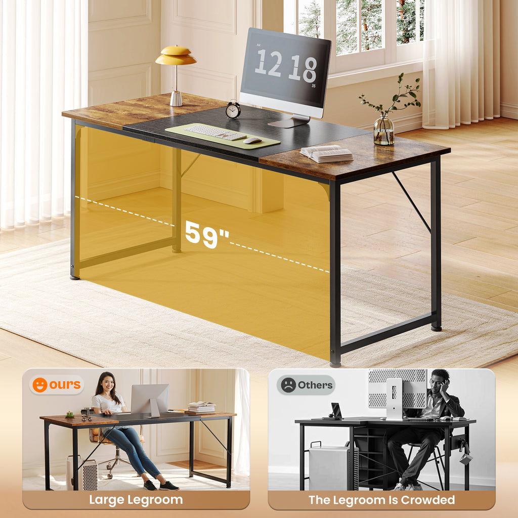 63" Computer Desk, Modern Office, Study & Gaming Desk with Storage, Large Legroom, Sturdy Metal Frame, Rustic Brown and Black