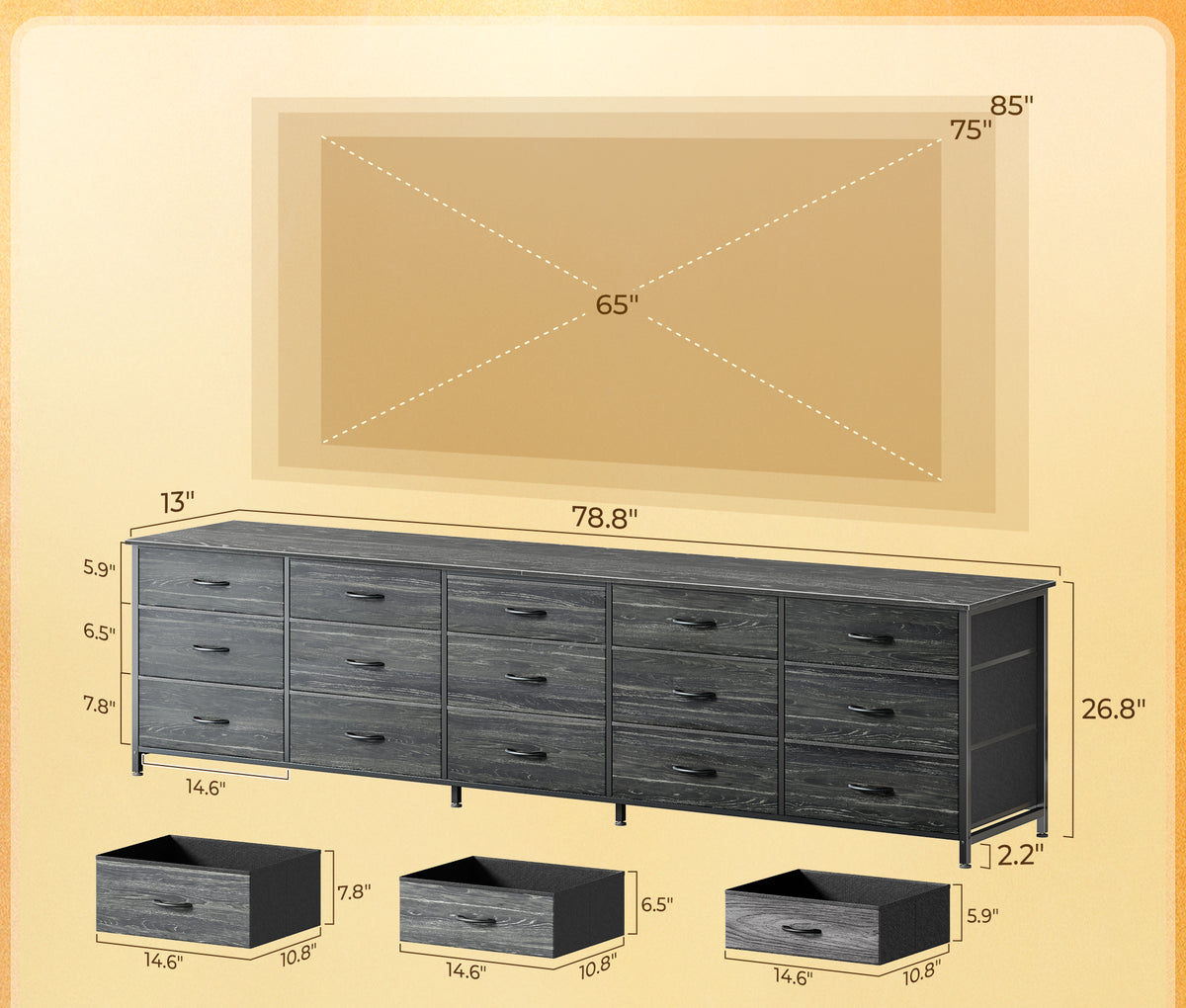 Amadwell 78.8 Inch Dresser with 15 Fabric Drawers, Large TV Stand for 65, 75, 85 Inch TV, Long Dresser for Bedroom, Entertainment Center for Living Room, Chest of Drawers & Storage, Charcoal Black