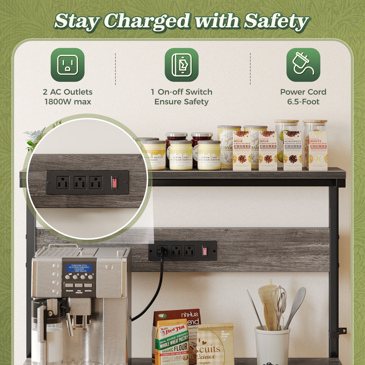 Amadwell Kitchen Bakers Rack with Power Outlets, 31.5" Large Microwave Stand, Coffee Bar Station, Gray