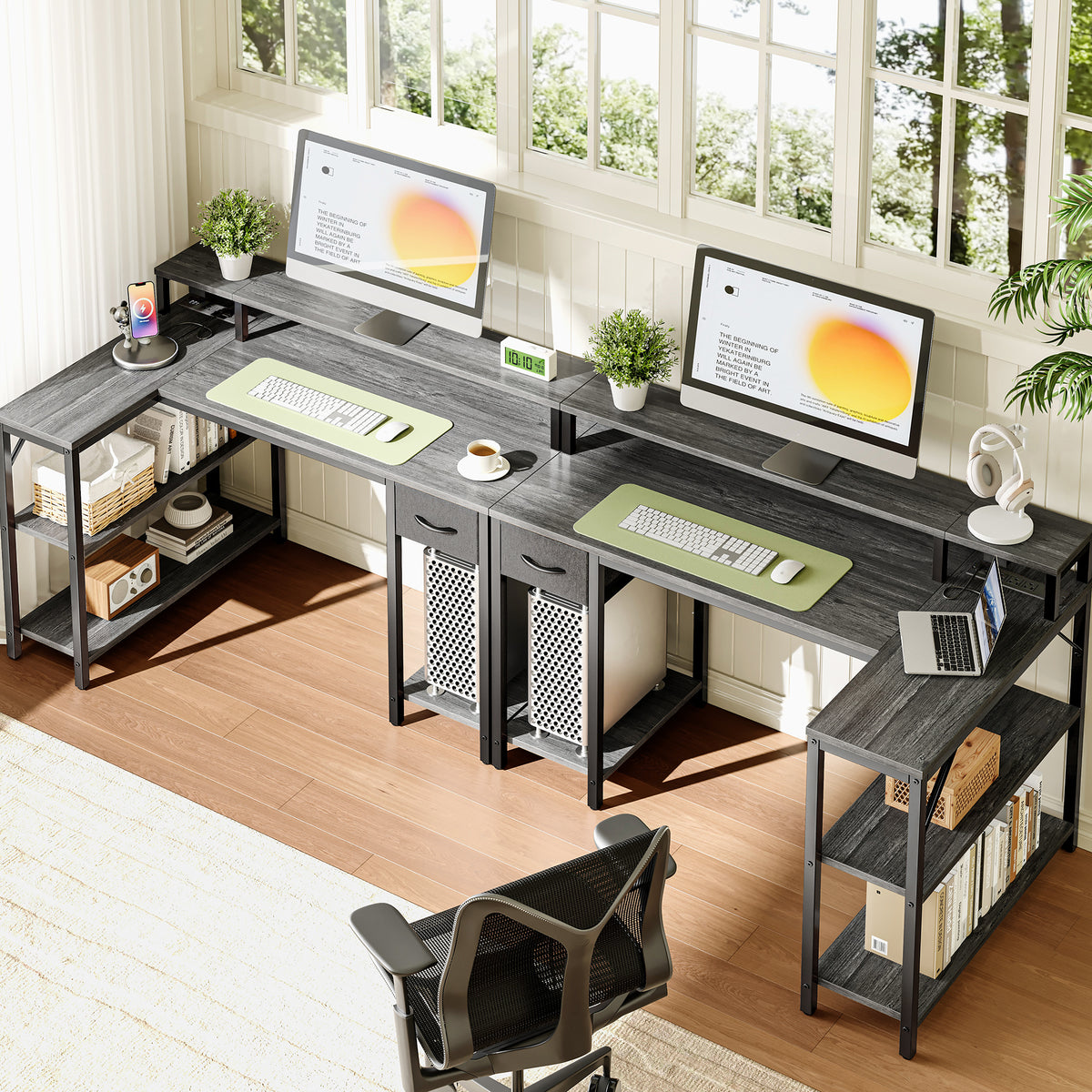 Amadwell 47 Inch L Shaped Desk with LED Strip, Corner Gaming Desk with Power Outlet, Drawer & Shelves, Gray