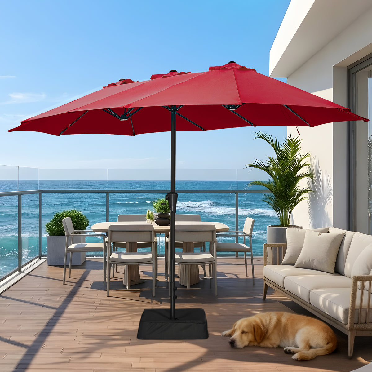Amadwell 13FT Large Patio Umbrella with Base Included, Double Sided Outdoor Umbrellas, Red