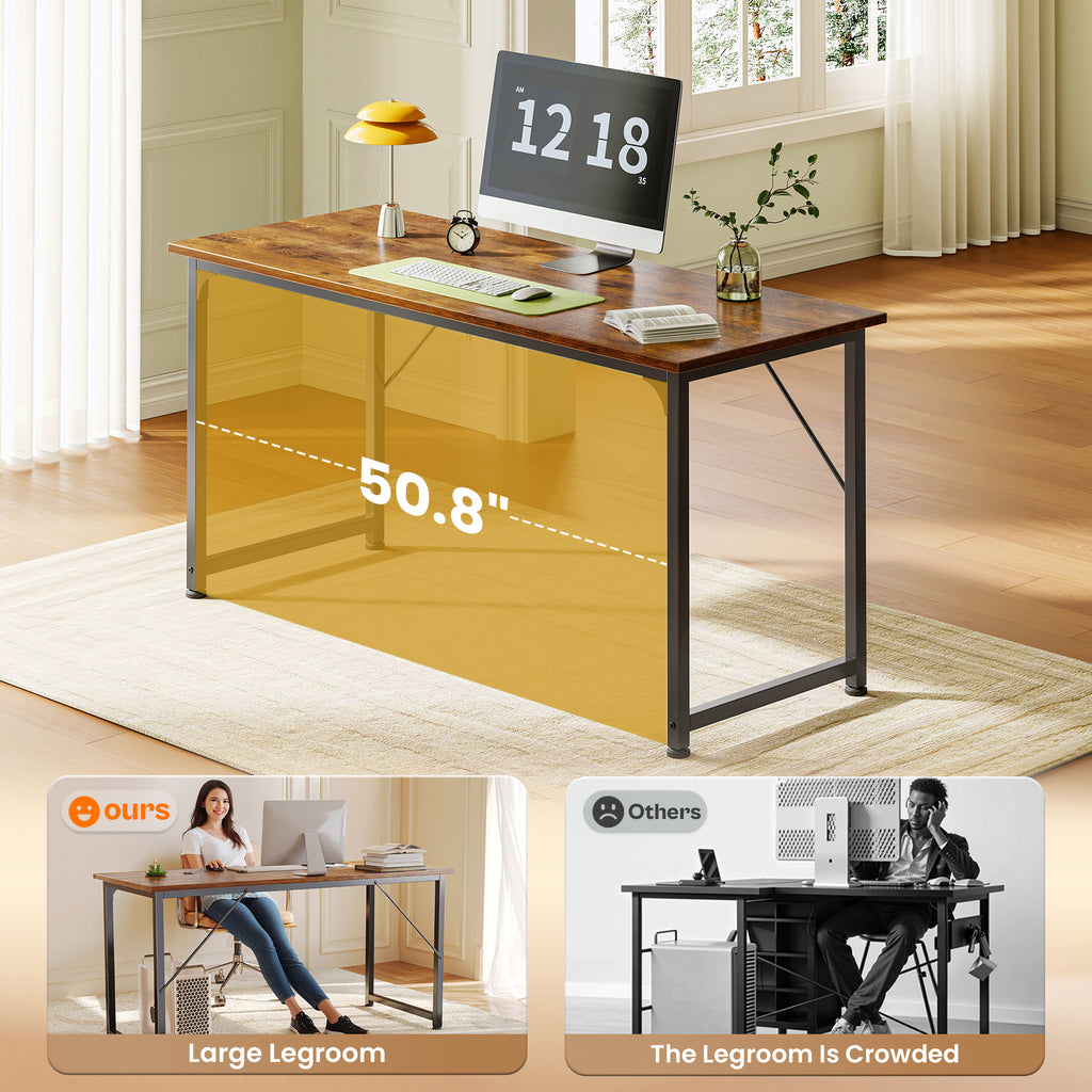 54" Computer Desk, Modern Office, Study & Gaming Desk with Storage, Large Legroom, Sturdy Metal Frame, Rustic Brown