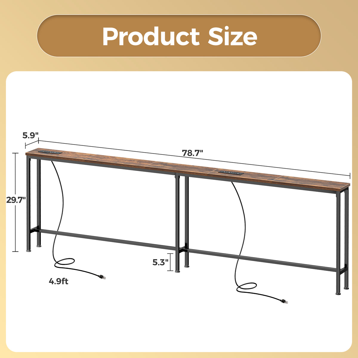 Amadwell 79" Narrow Sofa Console Table with Power Outlets, 5.9" Slim Side Table for Living Room, Entryway & Bedroom, Brown