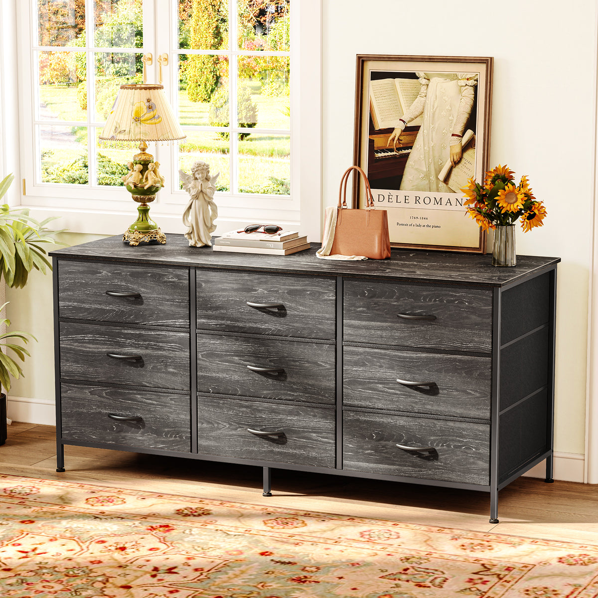 9 Drawer Bedroom Dresser with Storage, 47 Inch TV Stand for 50, 55 Inch TV, Fabric Chest for Closet, Charcoal Black Wood Grain Print