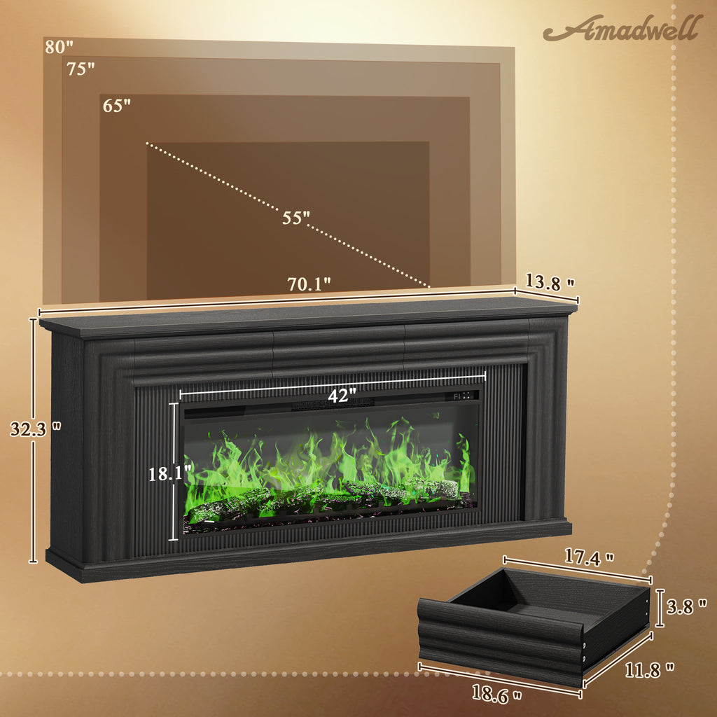 Amadwell 70'' Fireplace TV Stand for 65 75'' TV, Farmhouse TV Stand with 42'' Electric Fireplace, Entertainment Center TV Console for Living Room, 3 Storage Drawers & Fluted Design, Black