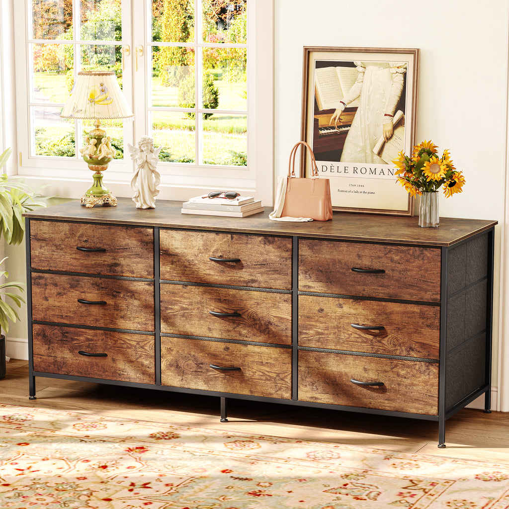 9 Drawer Bedroom Dresser with Storage, 55 Inch TV Stand for 55, 60 Inch TV, Fabric Chest for Closet, Brown