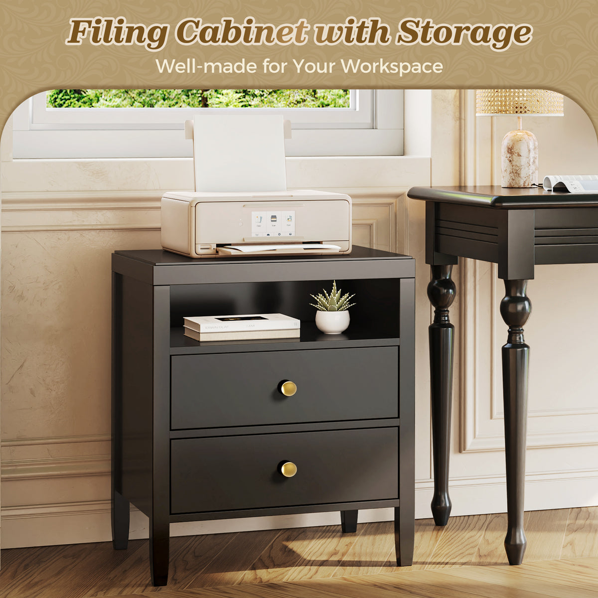 Amadwell Nightstand with Charging Station, Bedside End Table with 2 Drawers & Storage for Bedroom, Black