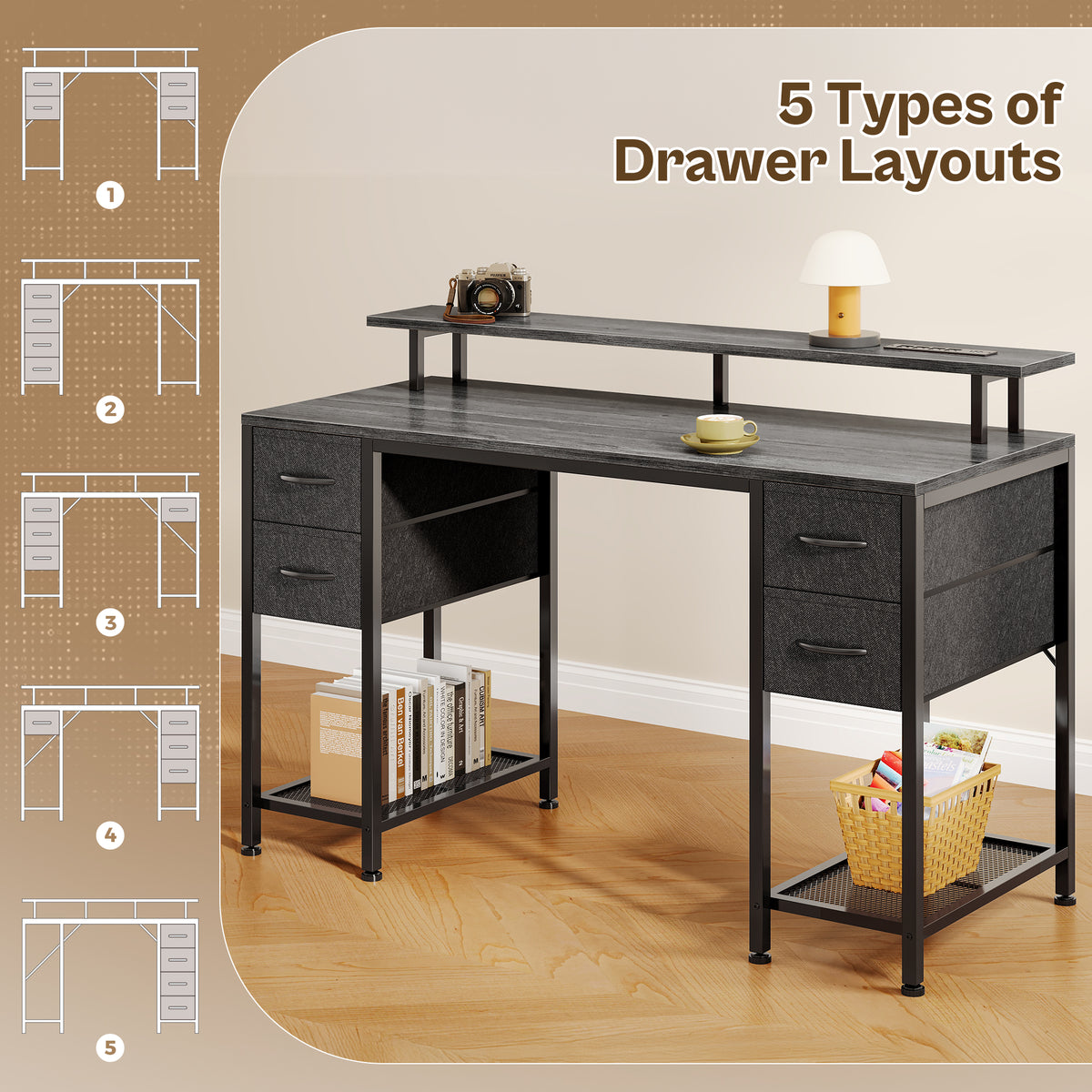 Amadwell 47" Gaming Computer Desk with LED Lights, Power Outlets, Home Office Writing Desk with 4 Drawers, Gray