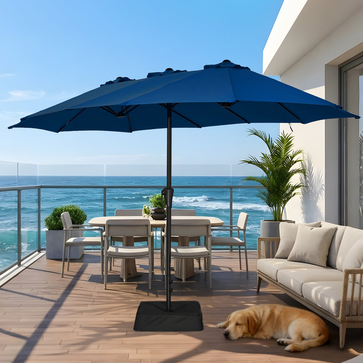 Amadwell 13FT Large Patio Umbrella with Base Included, Double Sided Outdoor Umbrellas, Navy Blue