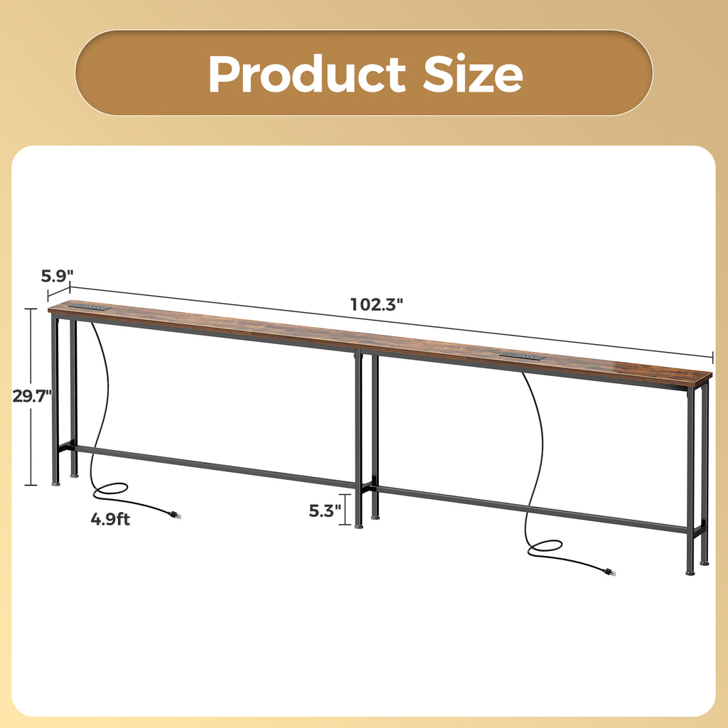 Amadwell 102" Extra Long Console Table with Outlets & USB-C, Slim 5.9" Behind the Couch table, Slim Sofa Table