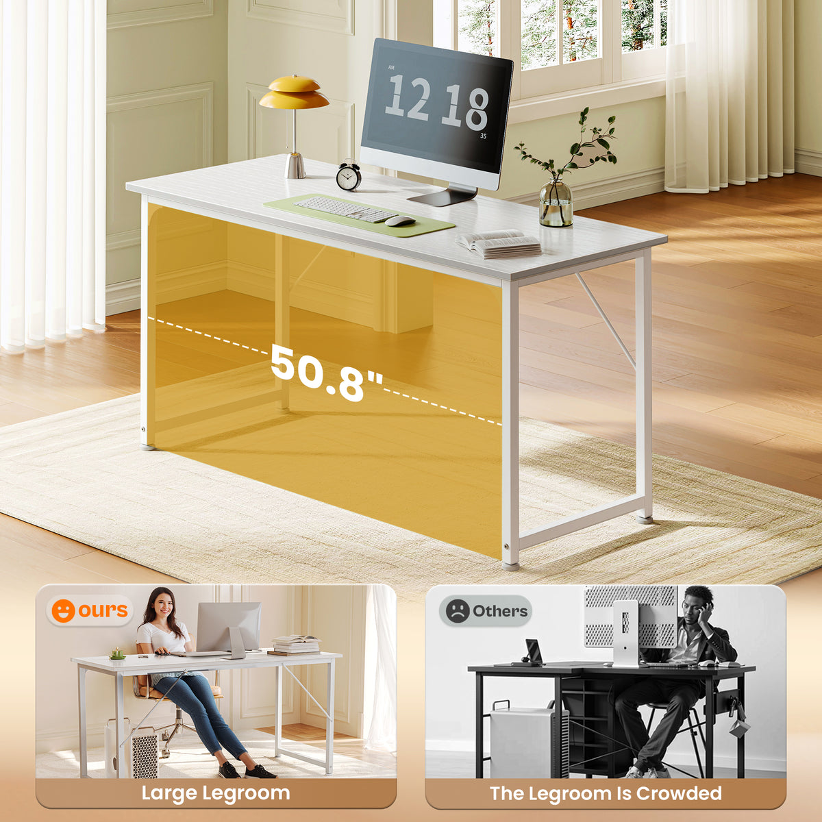 54" Computer Desk, Modern Office, Study & Gaming Desk with Storage, Large Legroom, Sturdy Metal Frame, White