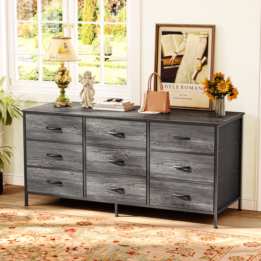 9 Drawer Bedroom Dresser with Storage, 47 Inch TV Stand for 50, 55 Inch TV, Fabric Chest for Closet, Gray