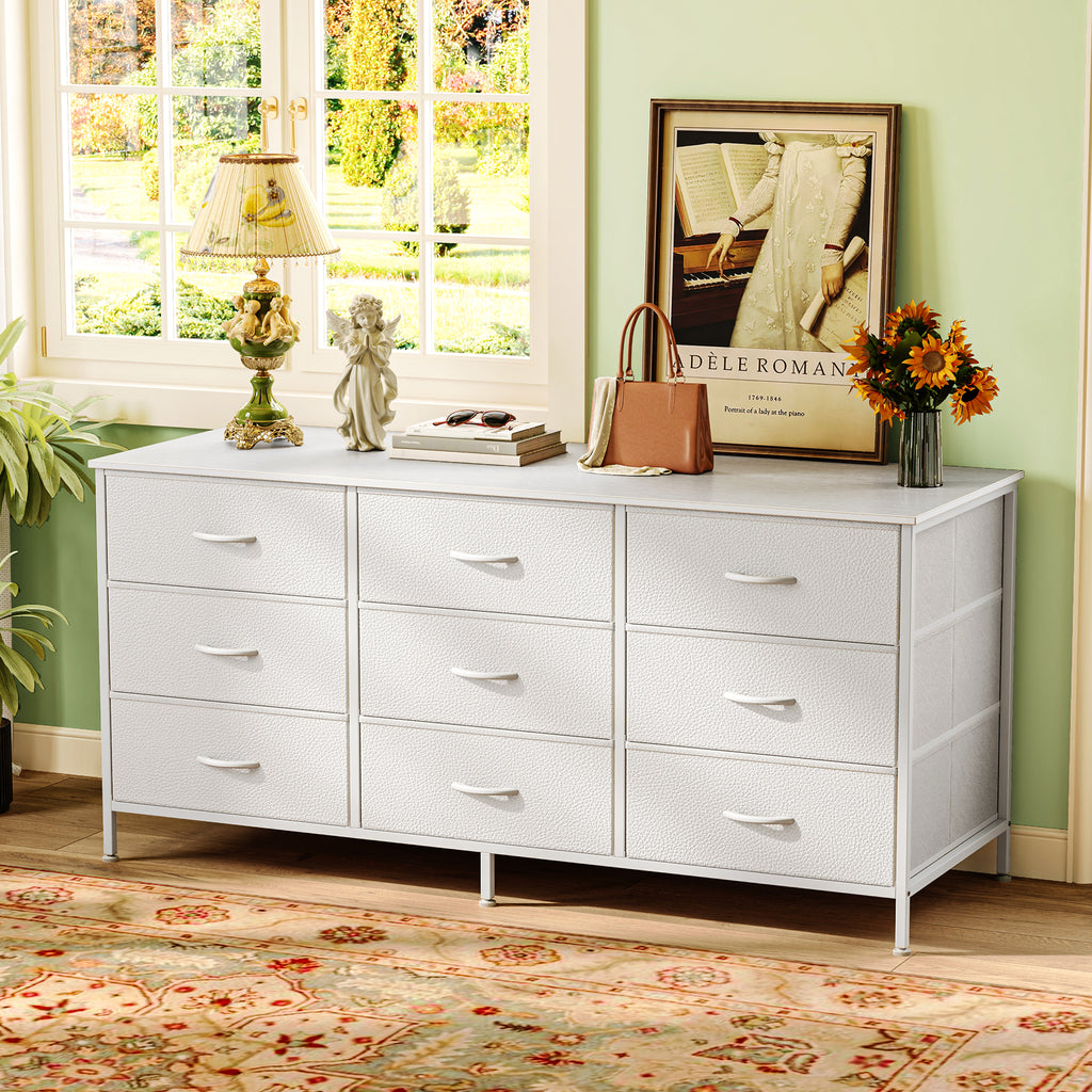 9 Drawer Bedroom Dresser with Storage, 47 Inch TV Stand for 50, 55 Inch TV, Fabric Chest for Closet, White