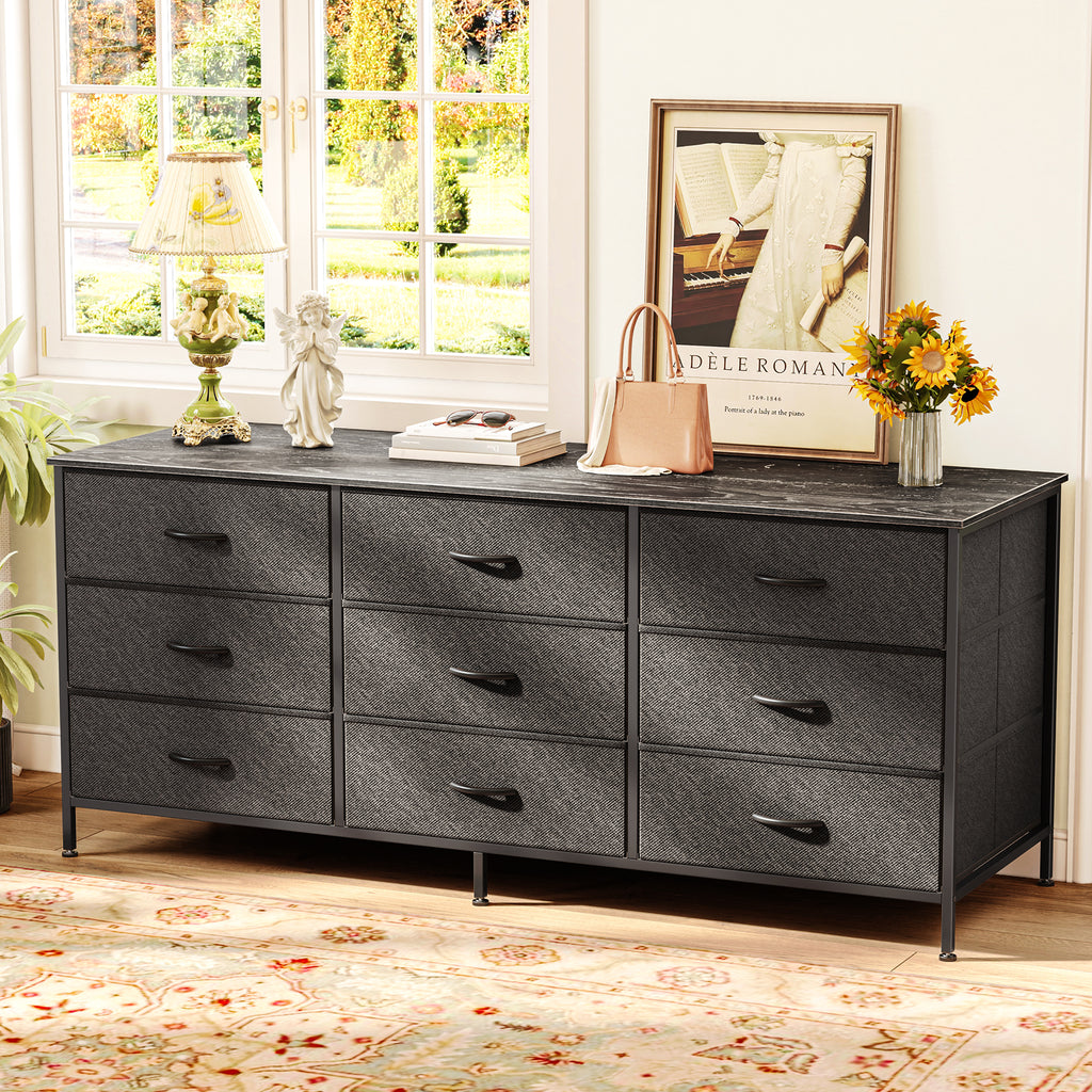 9 Drawer Bedroom Dresser with Storage, 55 Inch TV Stand for 55, 60 Inch TV, Fabric Chest for Closet, Black