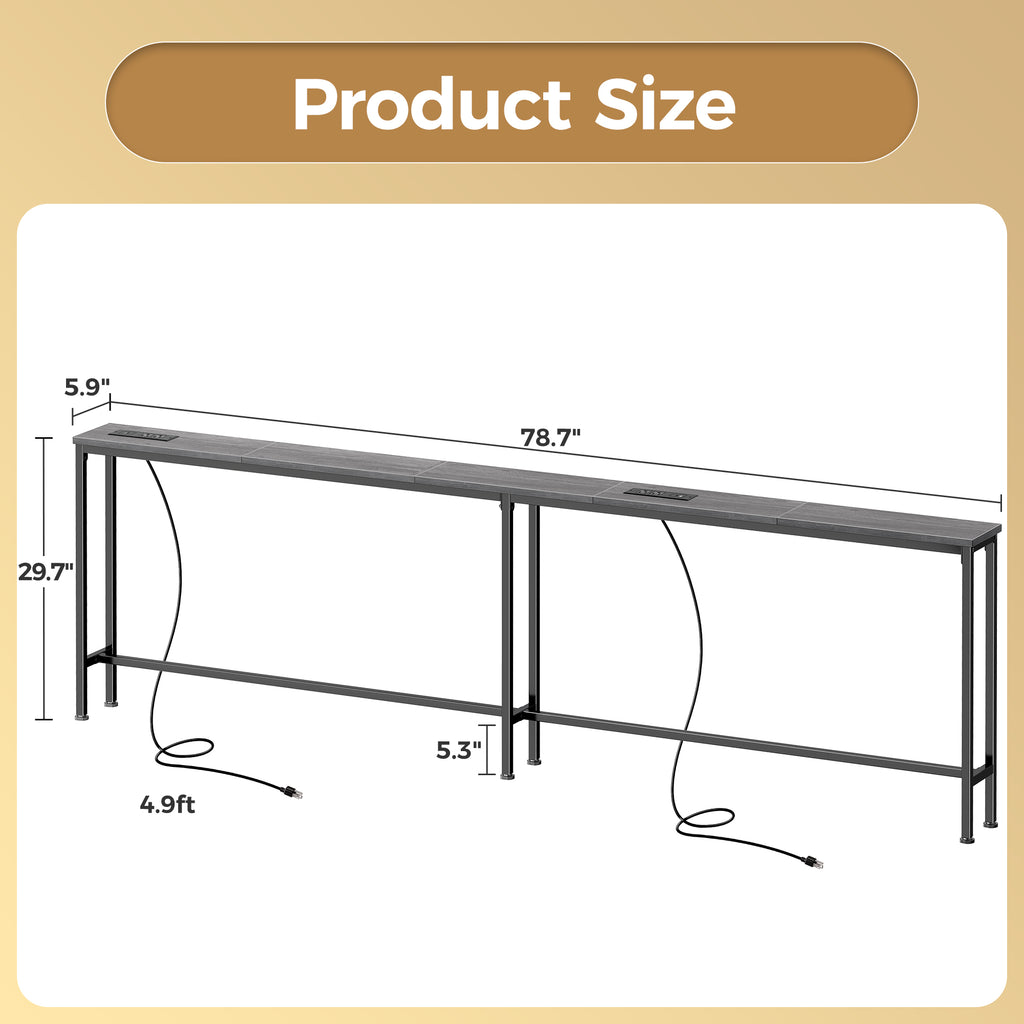 Amadwell 79" Narrow Sofa Console Table with Power Outlets, 5.9" Slim Side Table for Living Room, Entryway & Bedroom, Gray