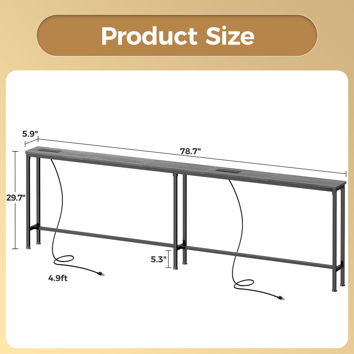 Amadwell 79" Narrow Sofa Console Table with Power Outlets, 5.9" Slim Side Table for Living Room, Entryway & Bedroom, Gray