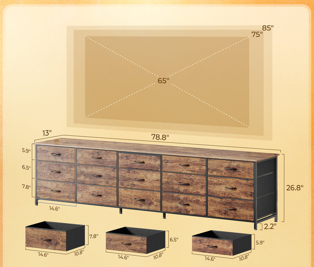 Amadwell 78.8 Inch Dresser with 15 Fabric Drawers, Large TV Stand for 65, 75, 85 Inch TV, Long Dresser for Bedroom, Entertainment Center for Living Room, Chest of Drawers & Storage, Rustic Brown