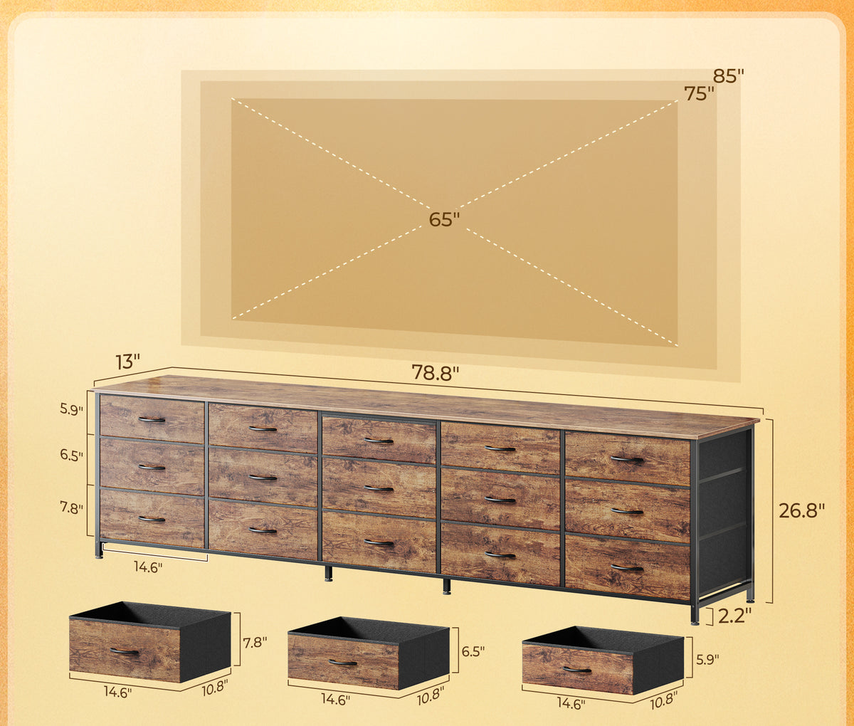 Amadwell 78.8 Inch Dresser with 15 Fabric Drawers, Large TV Stand for 65, 75, 85 Inch TV, Long Dresser for Bedroom, Entertainment Center for Living Room, Chest of Drawers & Storage, Rustic Brown
