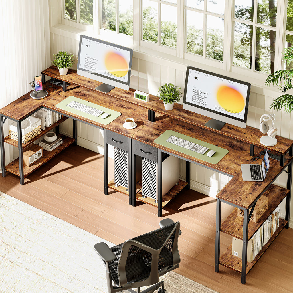 Amadwell 47 Inch L Shaped Desk with LED Strip, Corner Gaming Desk with Power Outlet, Drawer & Shelves, Brown