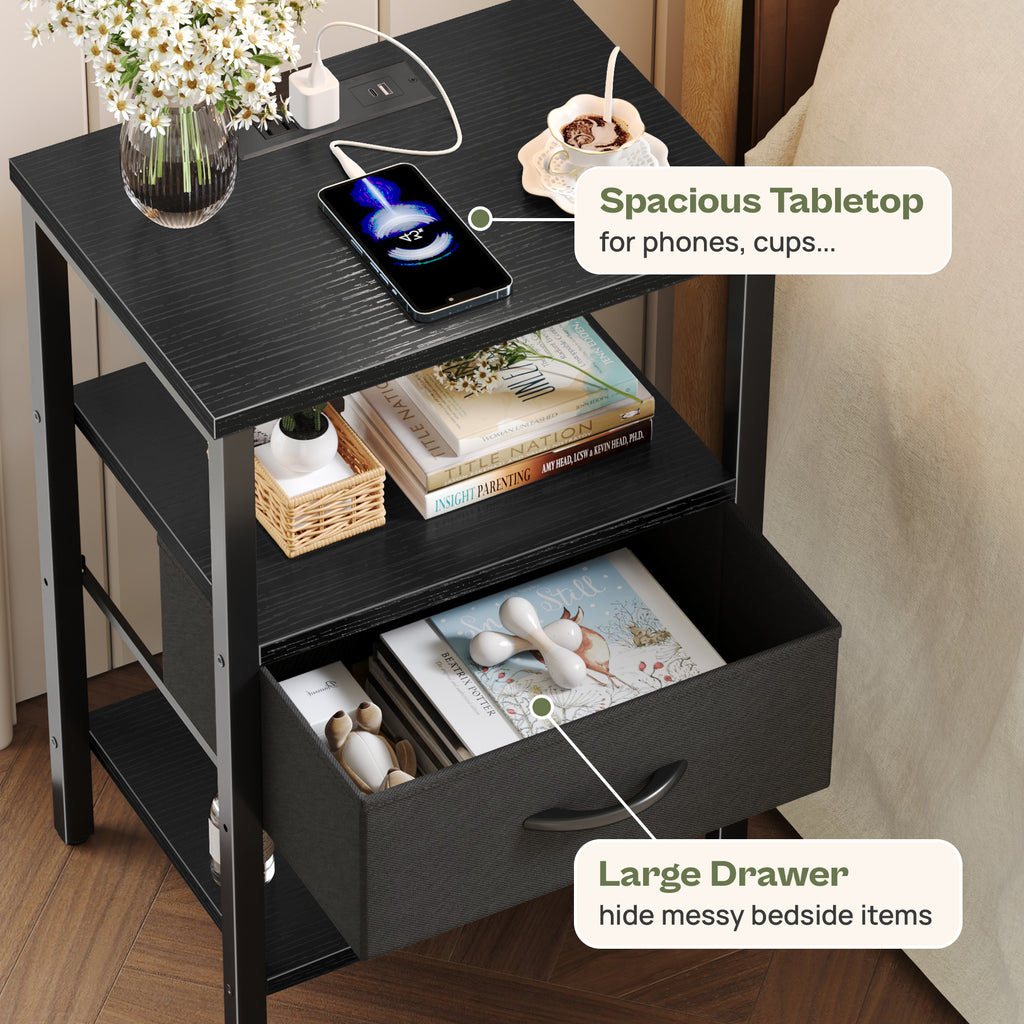 Nightstand with Charging Station, Adjustable Fabric Drawer, 3-Tier Bed Side Table, Night Stand for Bedroom, Storage End Table, Black