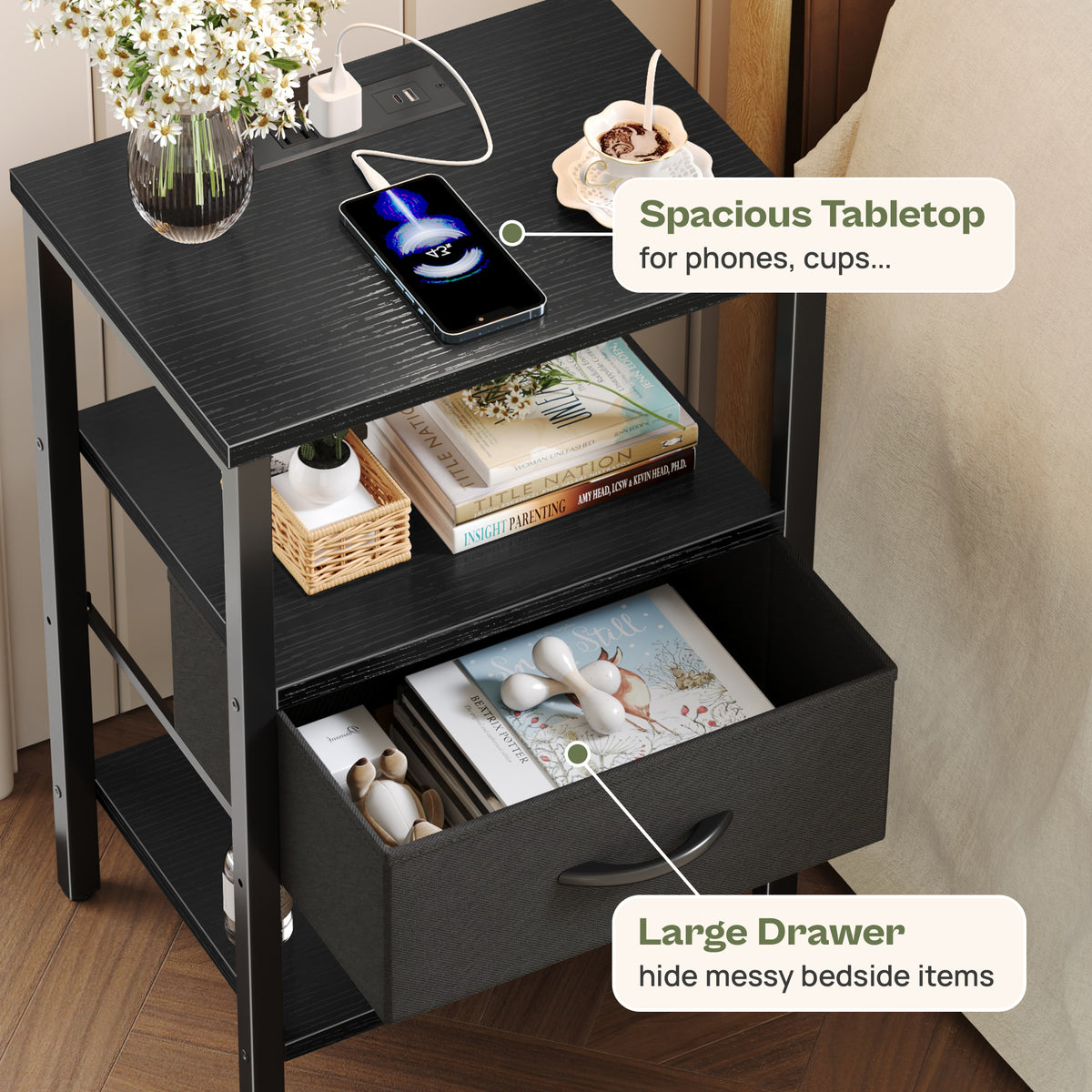 Nightstand with Charging Station, Adjustable Fabric Drawer, 3-Tier Bed Side Table, Night Stand for Bedroom, Storage End Table, Black