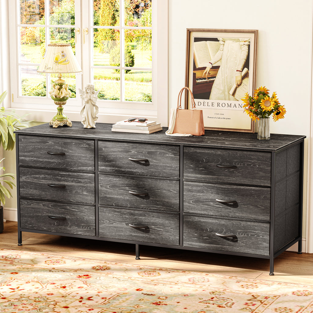 9 Drawer Bedroom Dresser with Storage, 55 Inch TV Stand for 55, 60 Inch TV, Fabric Chest for Closet, Charcoal Black Wood Grain Print