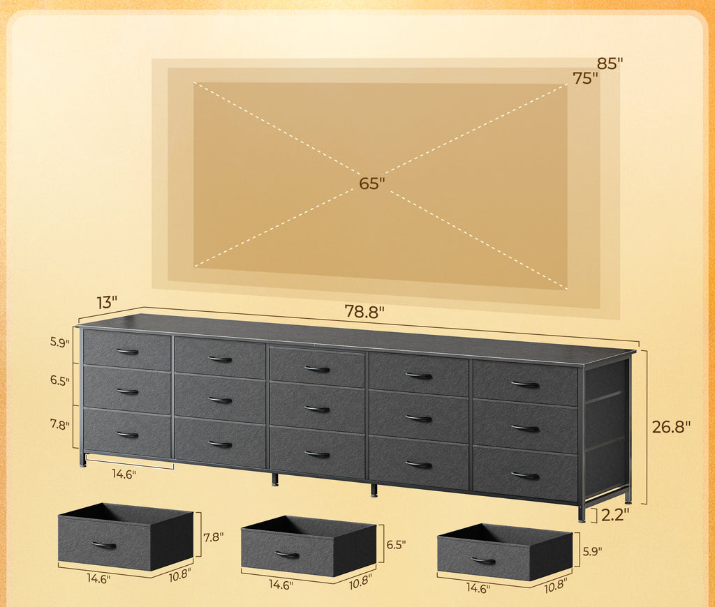 Amadwell 78.8 Inch Dresser with 15 Fabric Drawers, Large TV Stand for 65, 75, 85 Inch TV, Long Dresser for Bedroom, Entertainment Center for Living Room, Chest of Drawers & Storage,Black