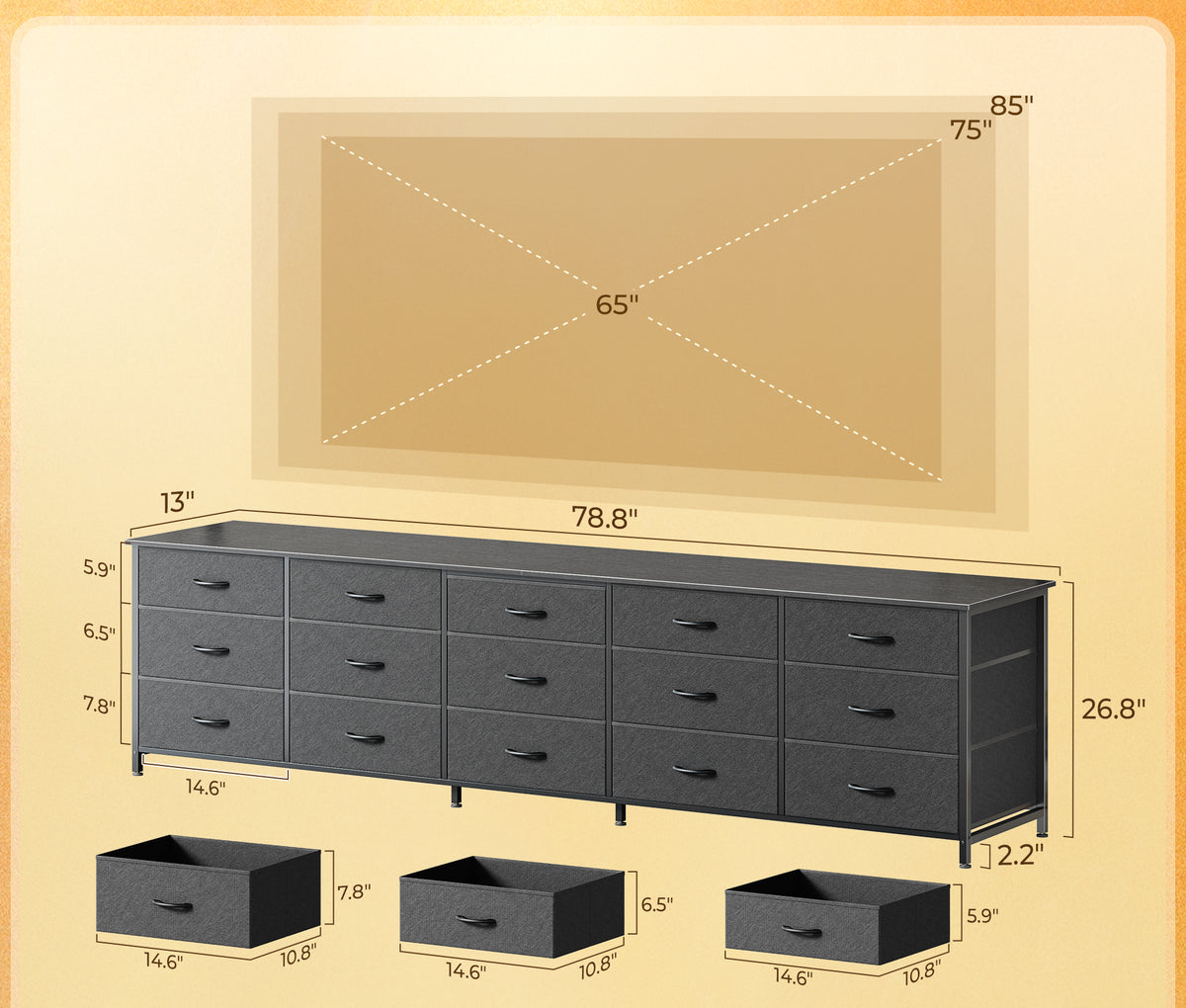 Amadwell 78.8 Inch Dresser with 15 Fabric Drawers, Large TV Stand for 65, 75, 85 Inch TV, Long Dresser for Bedroom, Entertainment Center for Living Room, Chest of Drawers & Storage,Black