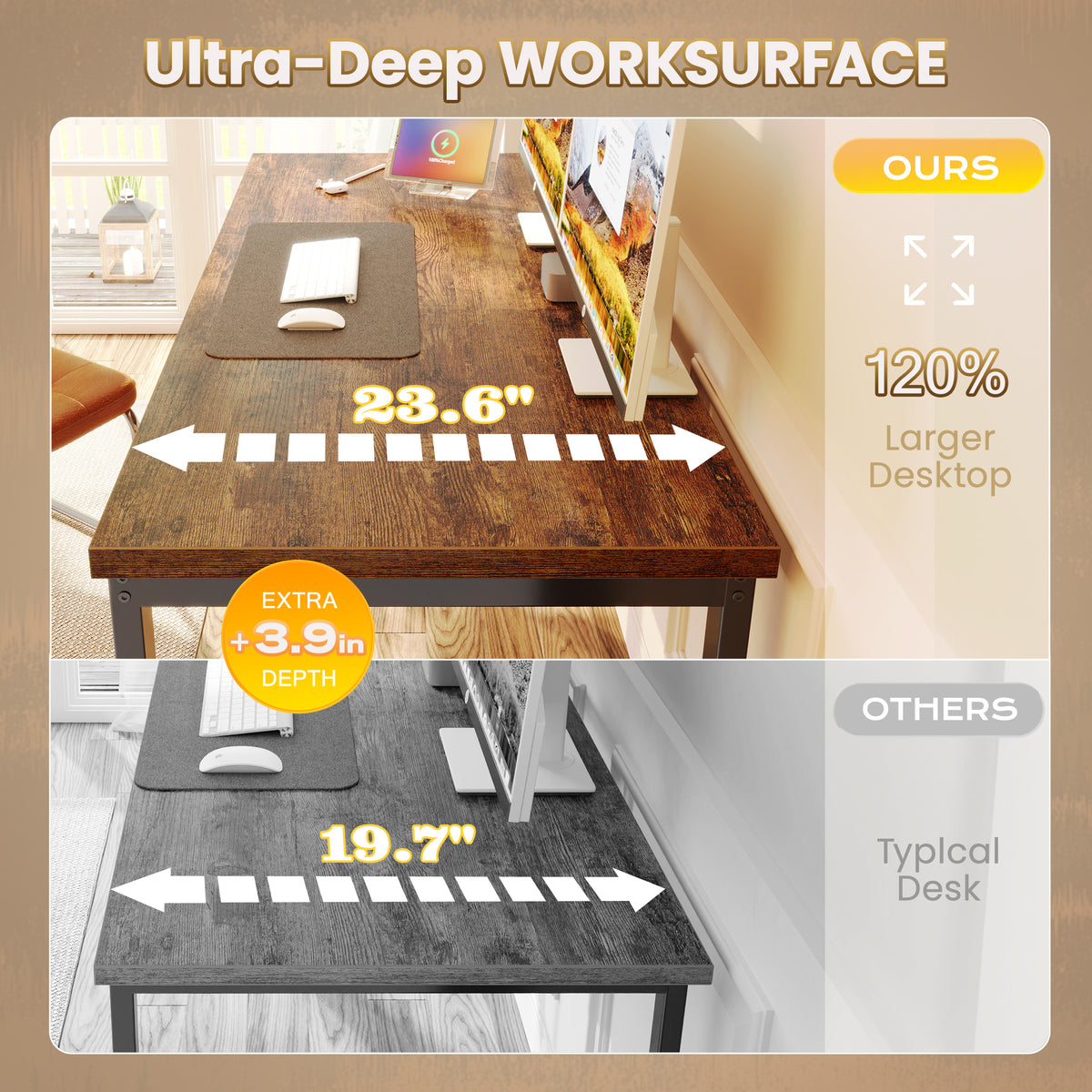Amadwell 54 Inch Desk with Power Outlets, USB-C, 0.95 Inch Thicker Sturdy Computer Desk, Office Desk with Robust Metal Tubes, Work Gaming Desk for Home Office,Rustic Brown