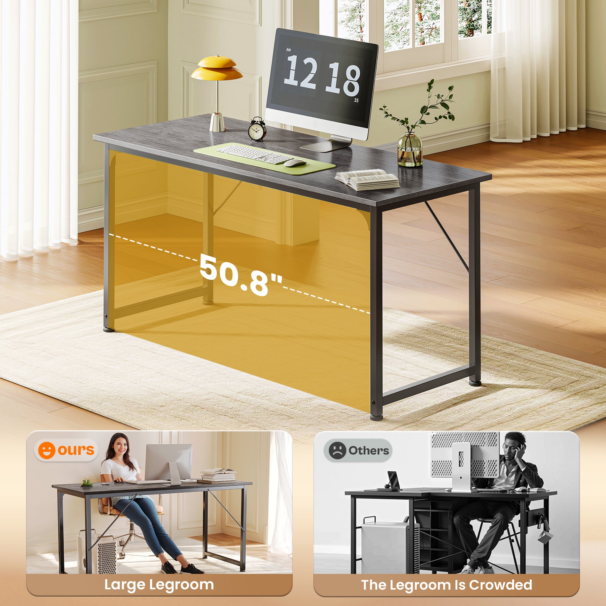 54" Computer Desk, Modern Office, Study & Gaming Desk with Storage, Large Legroom, Sturdy Metal Frame, Grey