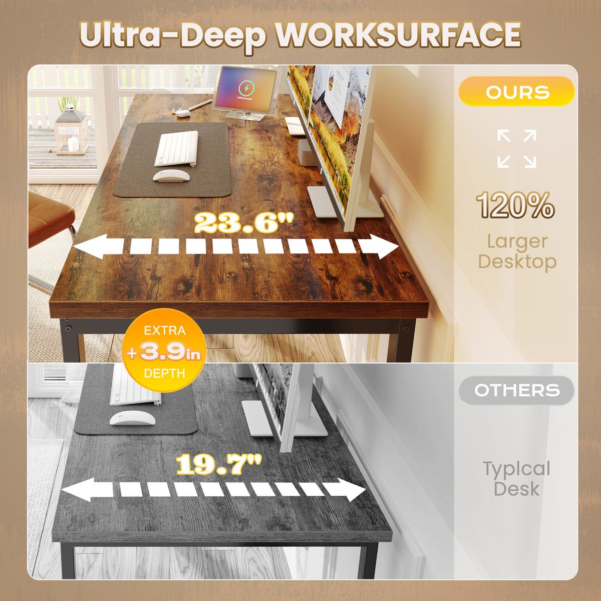 Amadwell 47 Inch Desk with Power Outlets, USB-C, 0.95 Inch Thicker Sturdy Computer Desk, Office Desk with Robust Metal Tubes, Work Gaming Desk for Home Office, Rustic Brown