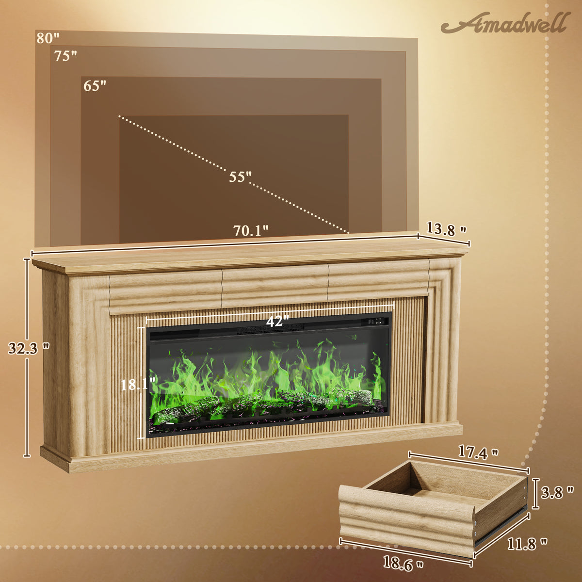 Amadwell 70'' Fireplace TV Stand for 65 75'' TV, Farmhouse TV Stand with 42'' Electric Fireplace, Entertainment Center TV Console for Living Room, 3 Storage Drawers & Fluted Design, Natural