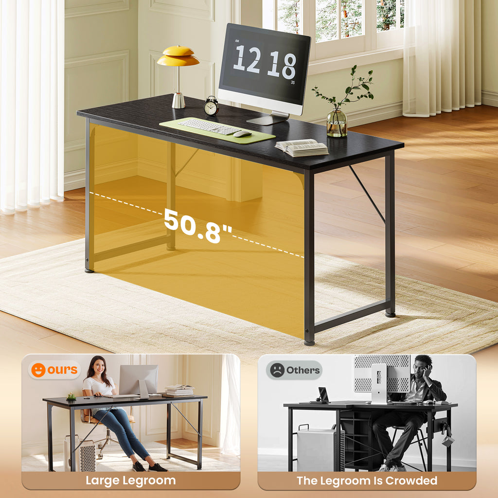 54" Computer Desk, Modern Office, Study & Gaming Desk with Storage, Large Legroom, Sturdy Metal Frame, Black