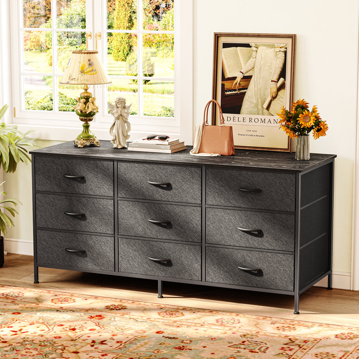9 Drawer Bedroom Dresser with Storage, 47 Inch TV Stand for 50, 55 Inch TV, Fabric Chest for Closet, Black