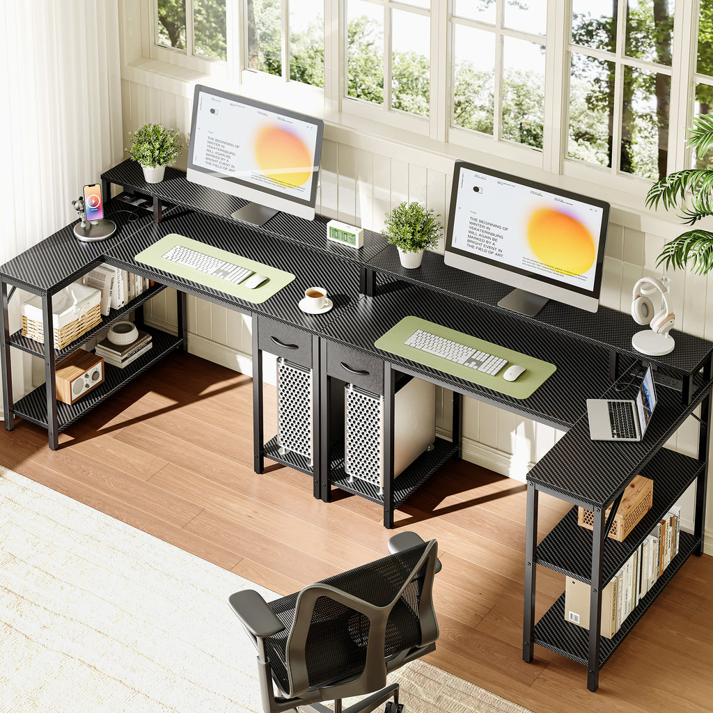 Amadwell 47 Inch L Shaped Desk with LED Strip, Corner Gaming Desk with Power Outlet, Drawer & Shelves, Black