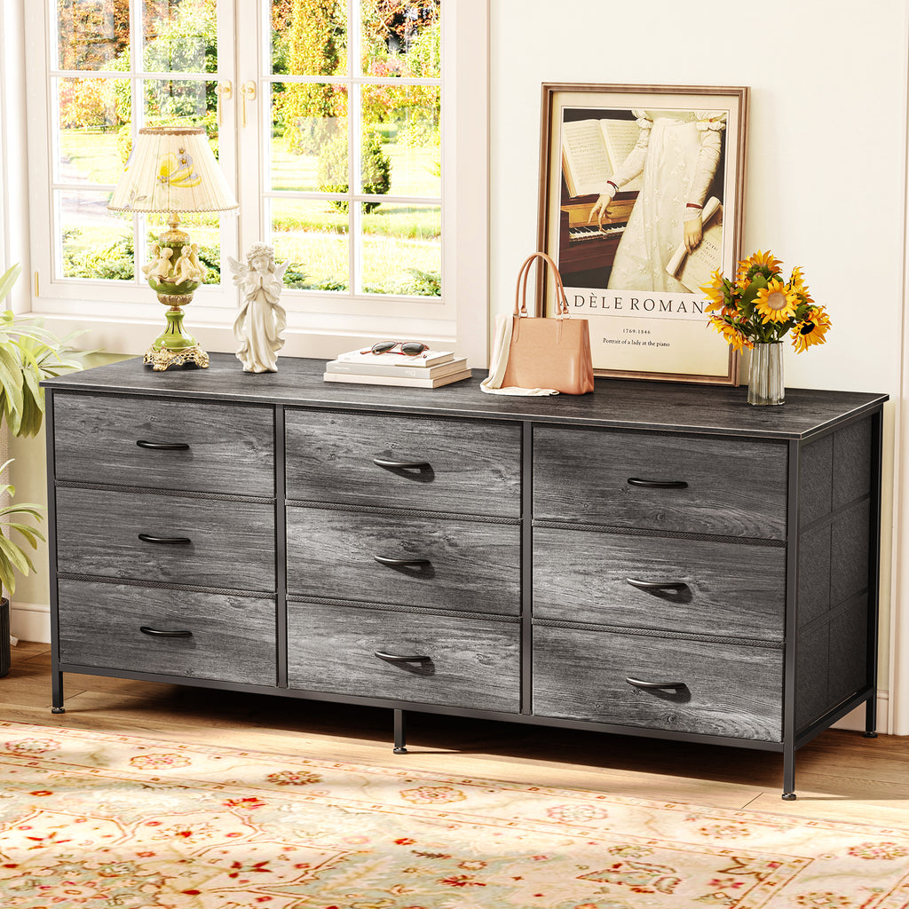 9 Drawer Bedroom Dresser with Storage, 55 Inch TV Stand for 55, 60 Inch TV, Fabric Chest for Closet, Gray