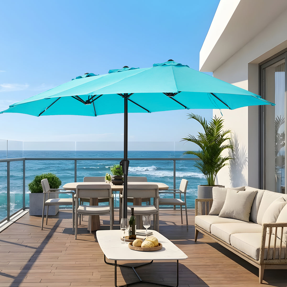 Amadwell 13FT Large Patio Umbrella, Double Sided Outdoor Rectangular Umbrellas with Fade Resistant Canopy, Light Blue
