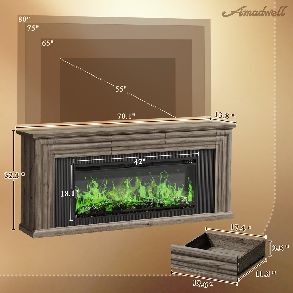 Amadwell 70'' Fireplace TV Stand for 65 75'' TV, Farmhouse TV Stand with 42'' Electric Fireplace, Entertainment Center TV Console for Living Room, 3 Storage Drawers & Fluted Design, Natural