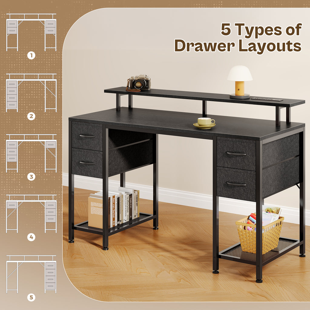 Amadwell 47" Gaming Computer Desk with LED Lights, Power Outlets, Home Office Writing Desk with 4 Drawers, Black
