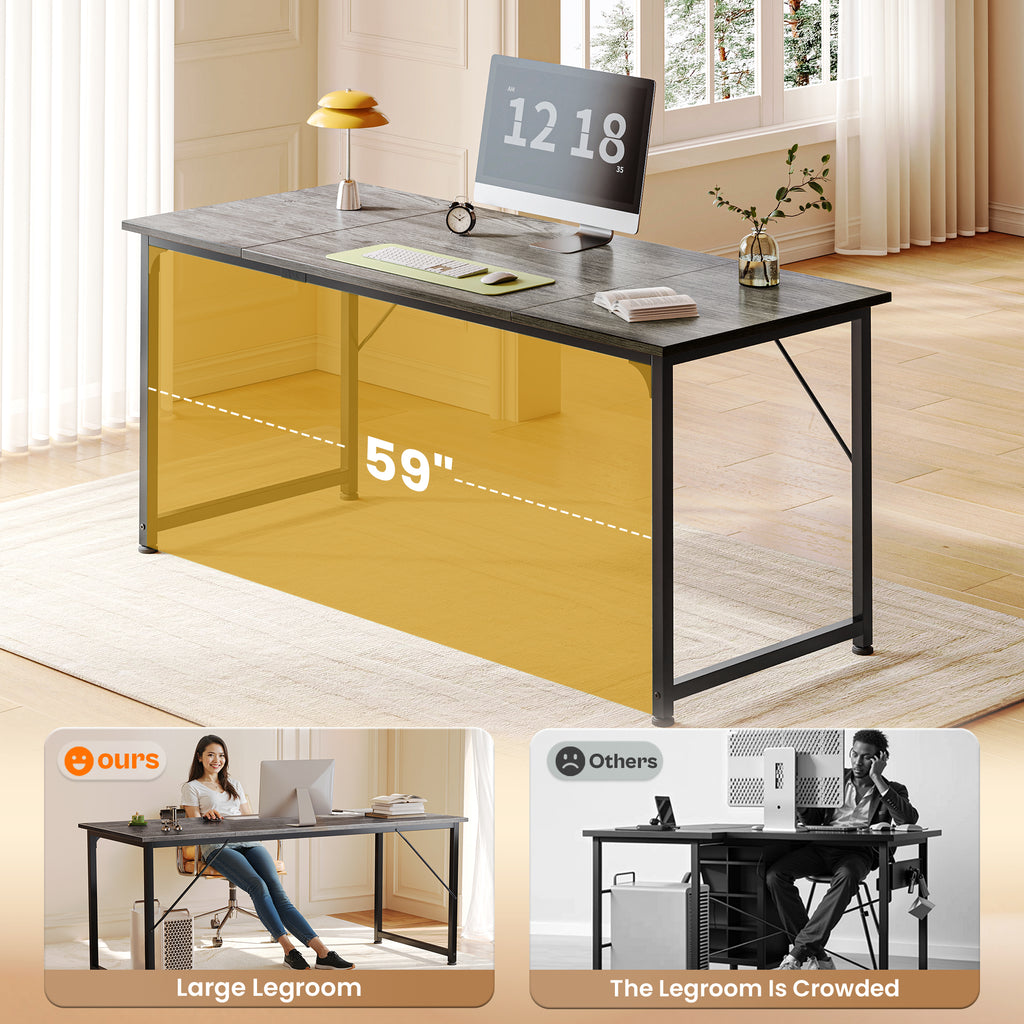 63" Computer Desk, Modern Office, Study & Gaming Desk with Storage, Large Legroom, Sturdy Metal Frame, Grey