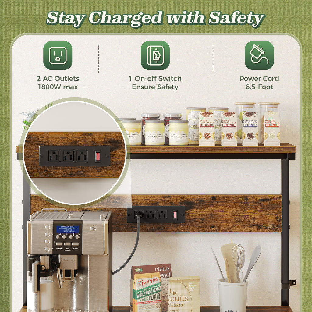 Amadwell Kitchen Bakers Rack with Power Outlets, 31.5" Large Microwave Stand, Coffee Bar Station, Brown