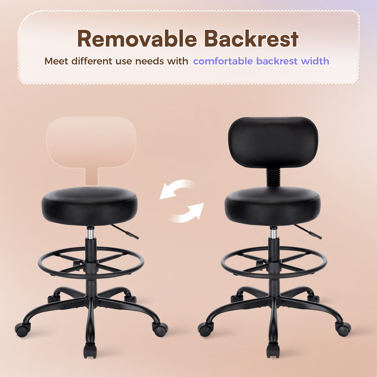 Amadwell Drafting Chair with Back Support, Adjustable Footrest Rolling Stool, Tall Office Desk Chair with Thick Cushion