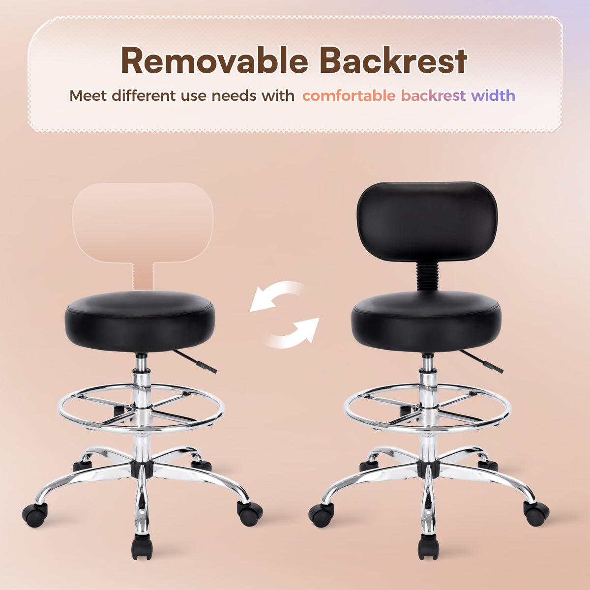 Amadwell Drafting Chair with Back Support, Adjustable Footrest Rolling Stool, Tall Office Desk Chair with Thick Cushion, Dark Black